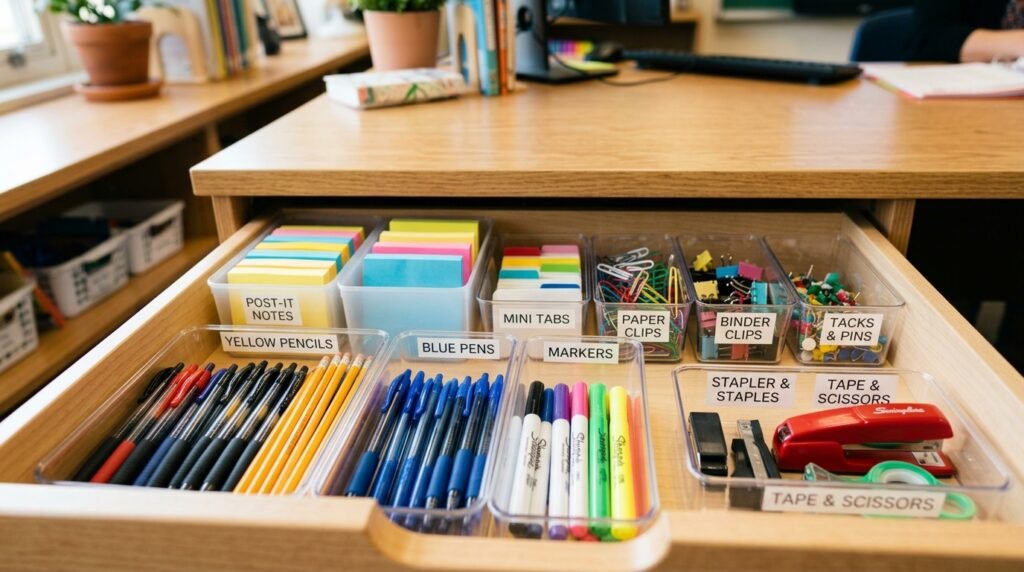 Teacher desk drawer organized 